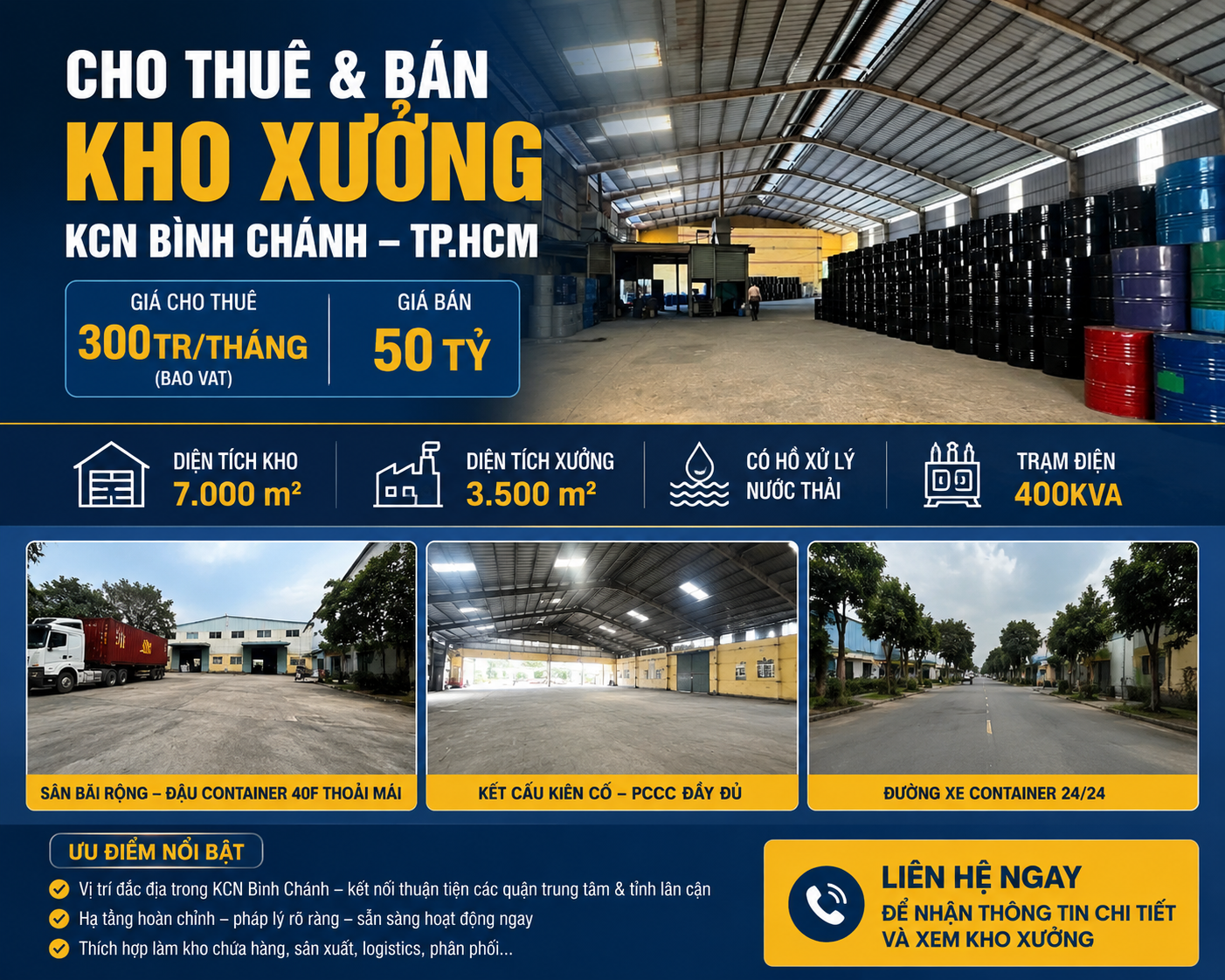 CHO THUÊ VÀ BÁN KHO XƯỞNG 7.000M² TRONG KCN BÌNH CHÁNH TP.HCM – HẠ TẦNG HOÀN CHỈNH, GIÁ TỐT
